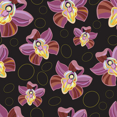 Vector seamless tropical pattern, with paradise orchid flower in bloom. Modern summer spring print design. Dark purple background.