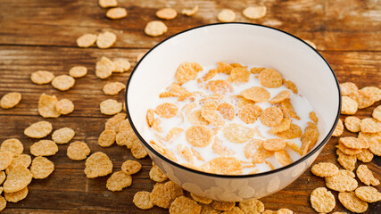 Eco healthy food background. Corn flakes with milk. Healthy food