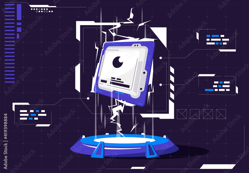 Poster vector illustration presentation on a glowing podium of a computer processor floating in the air in 
