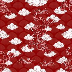 Abstract Art Japanese Repeat Pattern Red and White Theme with Climbing Tiger with Windy Line  Graphics and Different Cloud Shape on Japan Bush Pattern Red Background Template Design for Wrapping Paper