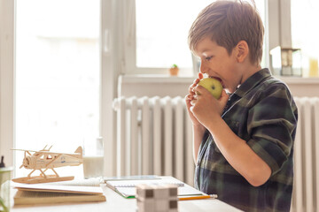 Cute boy eating an apple while studying at home.