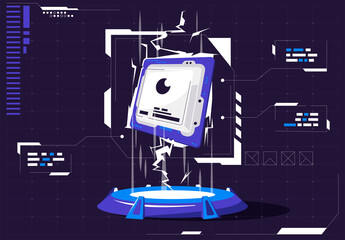 Vector illustration presentation on a glowing podium of a computer processor floating in the air in a futuristic style, flat futuristic design elements