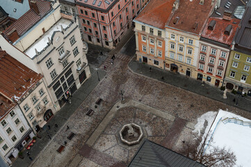 Lviv bird's-eye view of from of the City Hall Ratusha. General view from the roof. View on Rynok square from the roof of the City Hall Lvov cityscape.