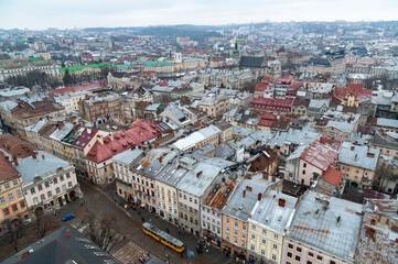 Fototapeta premium Lviv bird's-eye view of from of the City Hall Ratusha. General view from the roof. View from the roof of the City Hall Lvov cityscape.