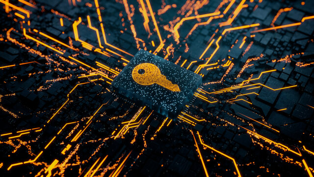 Security Technology Concept with key symbol on a Microchip. Data flows from the CPU across a Futuristic Motherboard. 3D render.