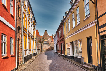 Fototapeta na wymiar Cobbled streets in the old medieval city Ribe, Denmark