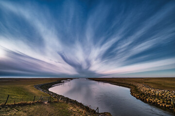 Kammerslusen open gates to the Wadden sea near Ribe in Denmark