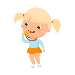 Cute Little Blond Girl Winner with Gold Medal Vector Illustration