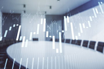 Double exposure of virtual creative financial diagram on a modern boardroom background, banking and accounting concept