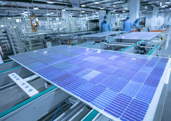 Solar panel manufacturing workshop, workers operate modern CNC machine tools. 4.0 in industry. Smart factory.