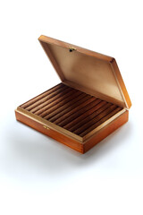 View of nice wooden humidor with cigars in it on white back - 419401028