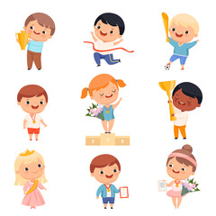 Happy Kid Winner with Gold Medal and Certificate of Achievement Vector Set