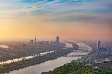 scenic view to Vienna and river Danube in dawn