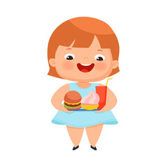 Little Girl with Overweight and Body Fat Overeating Vector Illustration