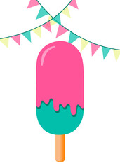 Cute melting ice cream vector. Vector illustration for ice cream shop, gelateria or cafe. Pink and mint color used. Color flags are above ice cream. 