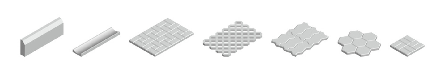 Isometric vector illustration concrete paver blocks isolated on white background. Realistic different shape street paving slabs icons in flat cartoon style. Pavement floor bricks. Street tiles.