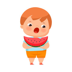 Little Boy with Overweight and Body Fat Holding Watermelon Slice Overeating Vector Illustration