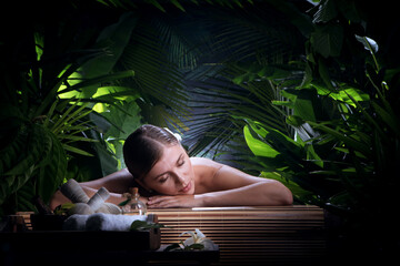 portrait of young beautiful woman in spa environment - obrazy, fototapety, plakaty
