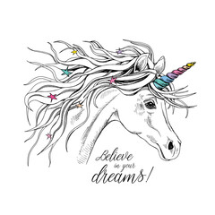Portrait in a profile of a magical unicorn with a starry mane and horn. Vector illustration.