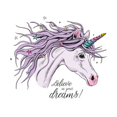 Portrait in a profile of a magical unicorn with a starry mane and horn. Vector illustration.
