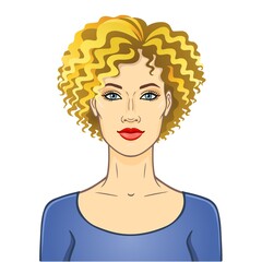 Animation portrait of the young beautiful white woman with curly blonde hair. Color drawing. Template for use. Vector illustration isolated on white background.