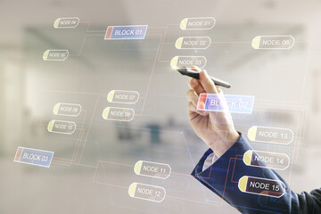 Multi exposure of man hand with pen working with abstract software development hologram on blurred office background, research and analytics concept