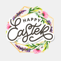 Happy Easter hand sketched logotype, badge typography icon. Lettering Happy Easter with flowers for greeting card, invitation template. Retro, vintage lettering banner poster template background