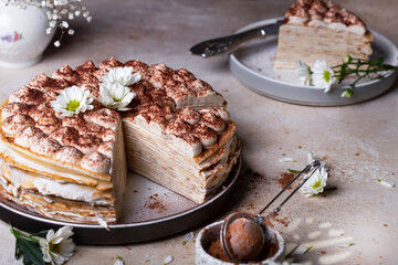 Tiramisu crepe cake with mascarpone and amaretto