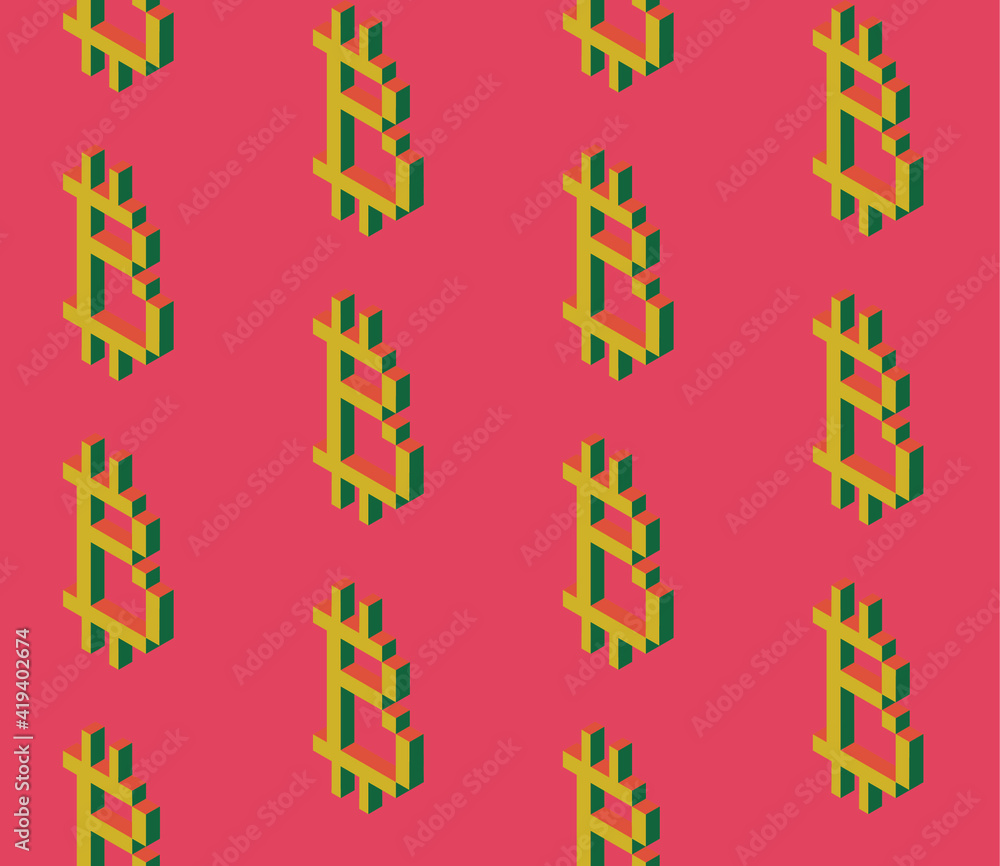 Poster spring seamless geometric pattern depicting bitcoin, cryptocurrency sign. vector design for web bann