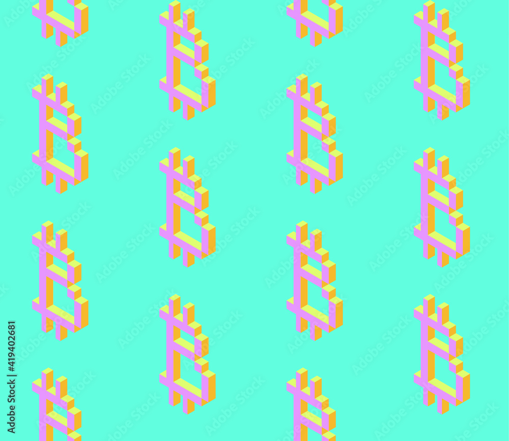 Poster spring seamless geometric pattern depicting bitcoin, cryptocurrency sign. vector design for web bann