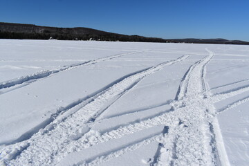 Snowmobile tracks on the lake, Lac Frontière, Québec