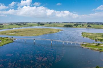 Aerial view with pedestrian bridge over the Wangermeer near Hohenkirchen
