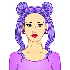 Animation portrait of a young Asian woman with blue hair. Template for use. Vector illustration isolated on white background.