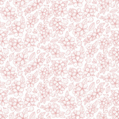 Seamless pattern of apple flowers. Apple blossom, tree branch. Vector illustration in graphic hand draw sketch style. Linear Art.