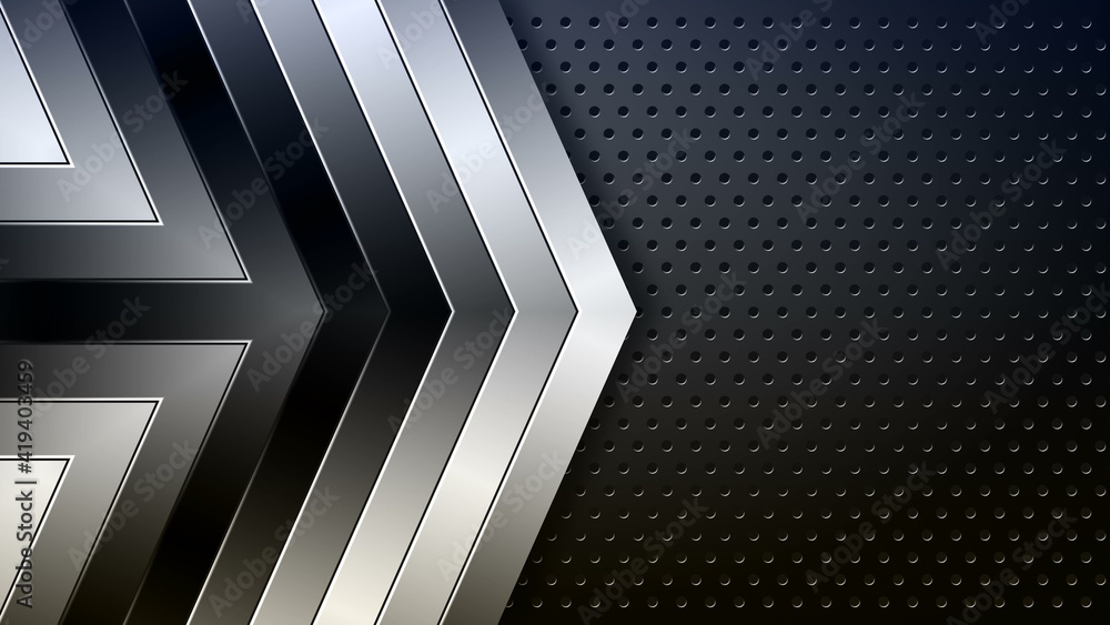 Poster metallic arrows on dark perforated background tech motion design. seamless looping. video animation 
