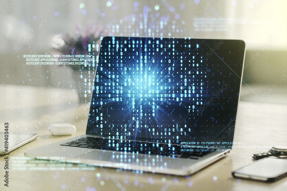Leinwandbilder creative code skull hologram on modern computer background, cybercrime and hacking concept. multiexp