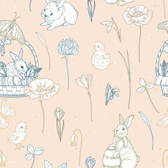Seamless Easter pattern with bunnies, chickens and flowers