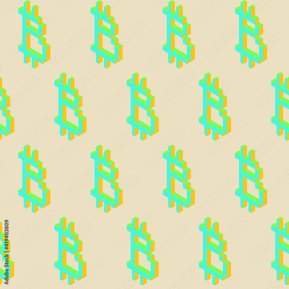 Poster spring seamless geometric pattern depicting bitcoin, cryptocurrency sign. vector design for web bann