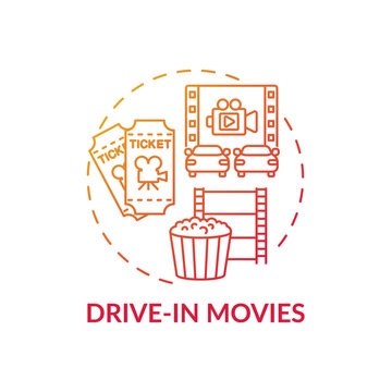 Drive In Movies Concept Icon. Family Fun Ideas. Going To Car Evening Cinema With Whole Family. Fun Activity With Kids Idea Thin Line Illustration. Vector Isolated Outline RGB Color Drawing