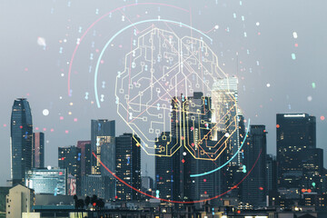 Virtual creative artificial Intelligence hologram with human brain sketch on Los Angeles skyline background. Multiexposure