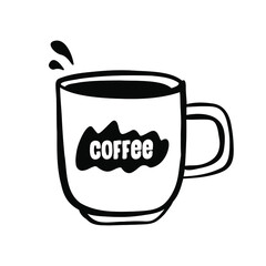 Classic coffee mug with coffee drops, hand drawn with typography