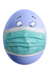 Large picture of an colored easter egg with drawn eyes and a corona mask.