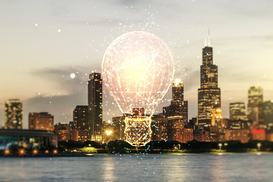Abstract virtual light bulb illustration on Chicago cityscape background, future technology concept. Multiexposure