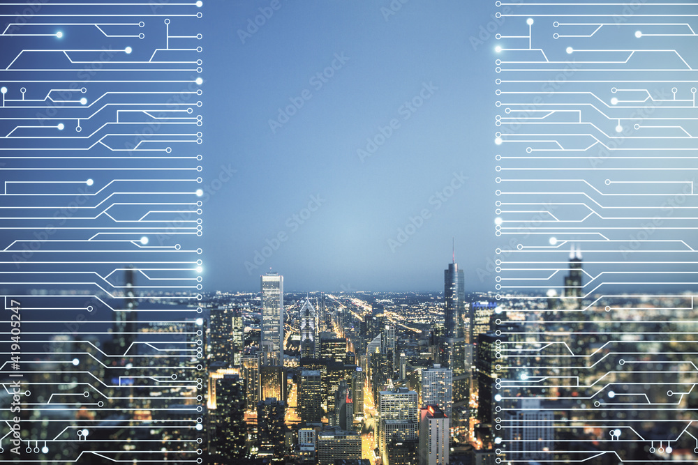 Poster abstract virtual microscheme illustration on chicago skyline background. big data and database conce