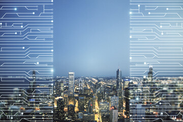 Abstract virtual microscheme illustration on Chicago skyline background. Big data and database concept. Multiexposure