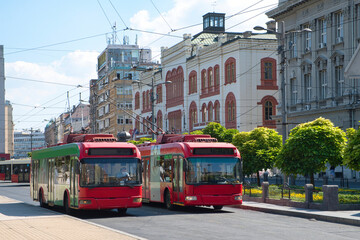Fototapeta na wymiar Vintage red tramway - public transport in the center of Belgrade, Serbia