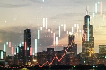 Double exposure of abstract creative financial chart hologram on Chicago skyscrapers background, research and strategy concept
