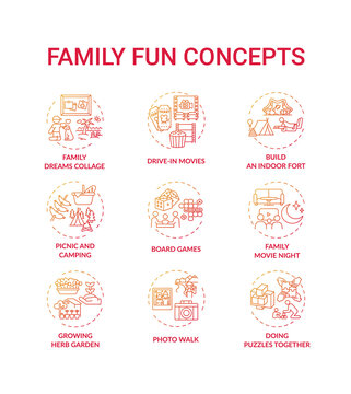 Family Fun Concept Icons Set. Family Dreams Photo Collage. Growing Plants In House Garden. Family Movie Night Cinema Idea Thin Line RGB Color Illustrations. Vector Isolated Outline Drawings