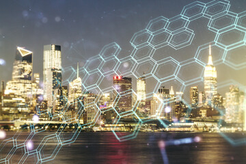 Abstract virtual wireless technology hologram with hexagon on New York cityscape background, artificial intelligence and machine learning concept. Multi exposure
