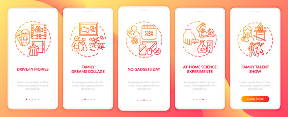 Family fun ideas onboarding mobile app page screen with concepts. No gadgets day for whole family walkthrough 5 steps graphic instructions. UI vector template with RGB color illustrations